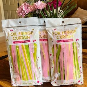NIB 3 Packs of Pastel Foil Fringe Curtains, Pink, Green, Yellow